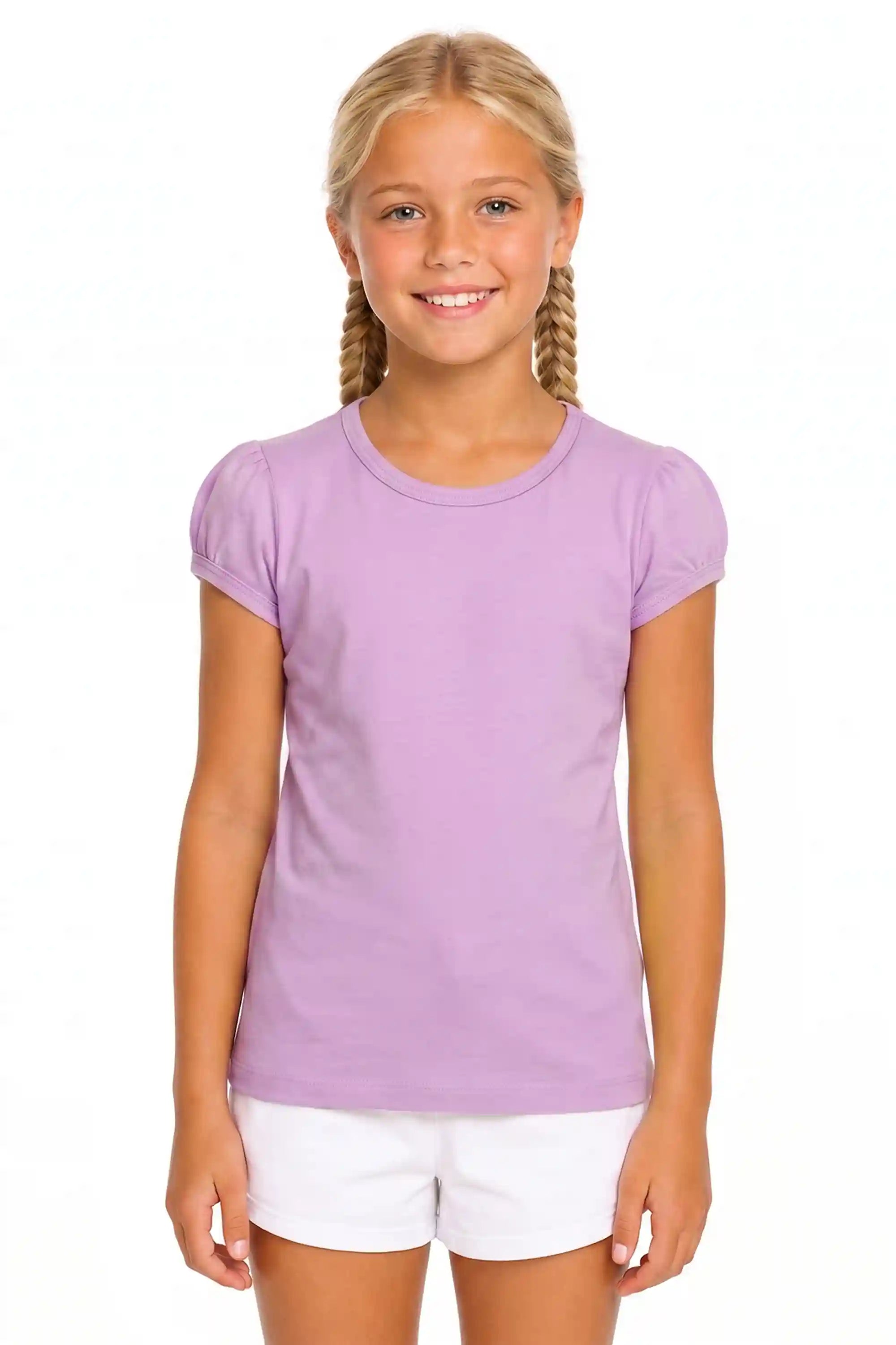 Girls' Basic Short Puff Sleeve Round Neck Cotton T-Shirt