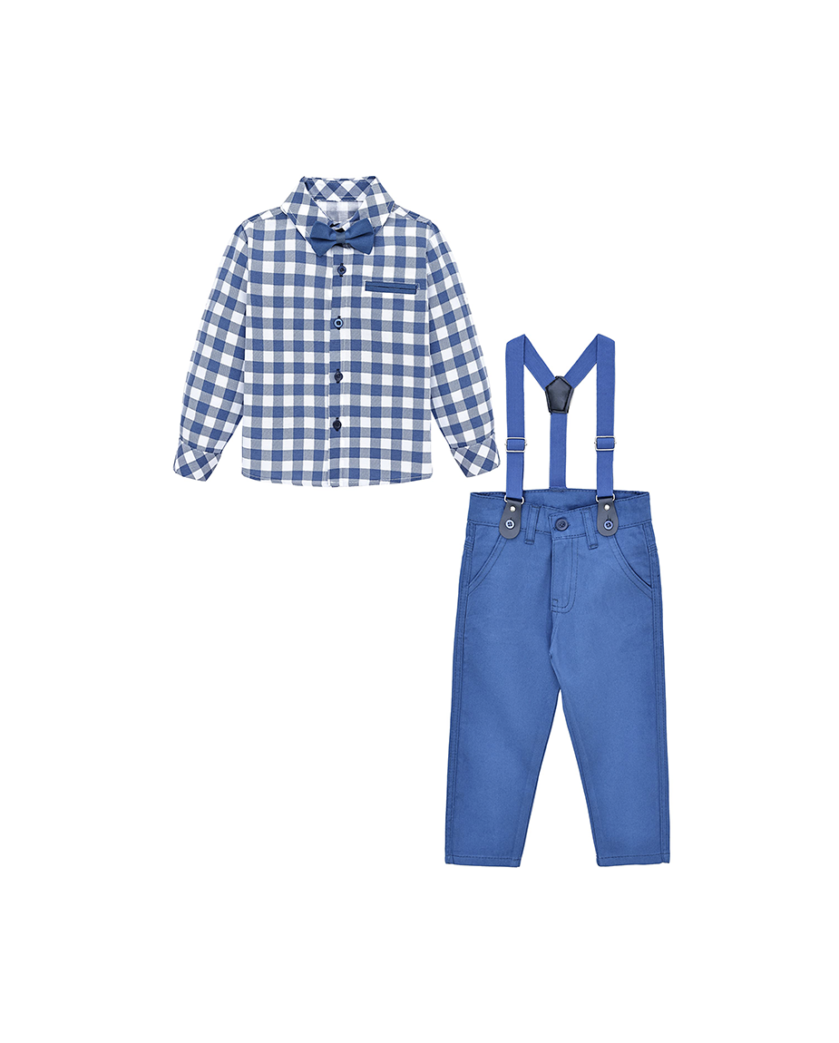 Boys Cotton Plaid Suspender Pant Set