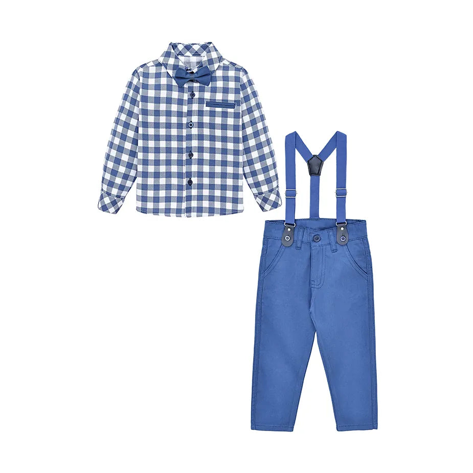 Boys Cotton Plaid Suspender Pant Set