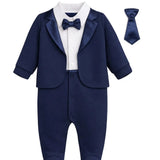 Baby Boy Tuxedo Romper Suit | Bow Tie & Necktie | 100% Cotton Footed Coverall