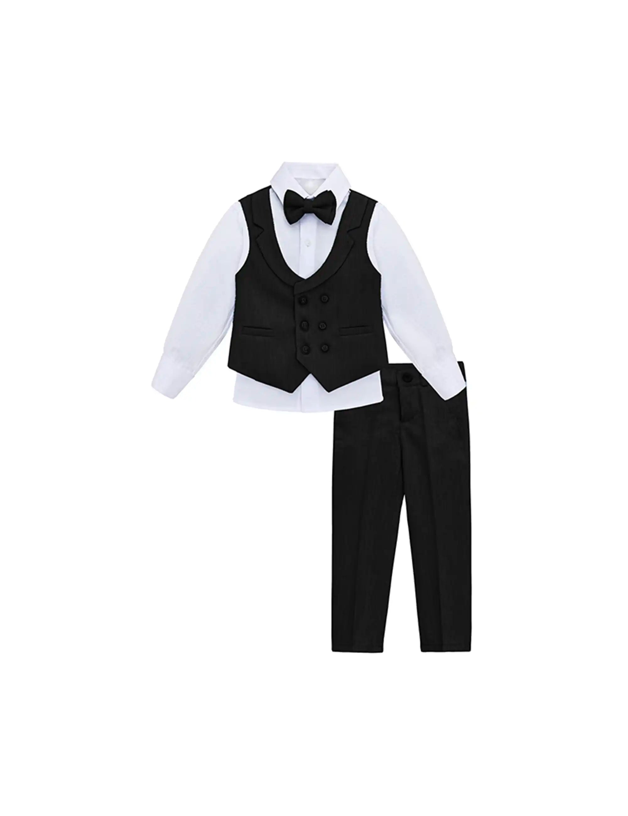 Boys Suit Set Slim Fit Vest, White Dress Shirt, Dress Pants and Bowtie 4 Piece Formal Suit Set