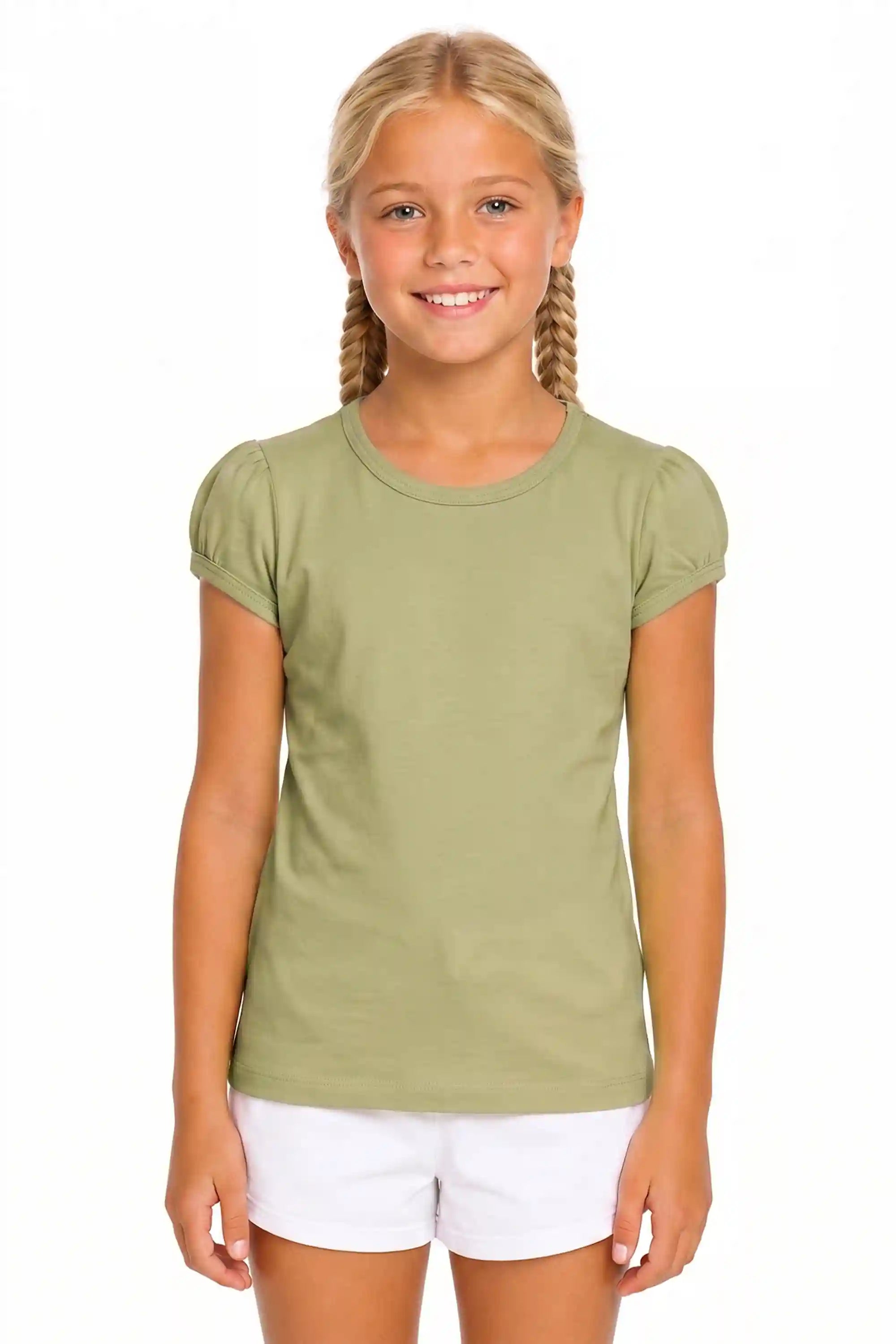 Girls' Basic Short Puff Sleeve Round Neck Cotton T-Shirt