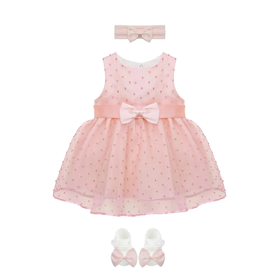 Baby 3-Piece Tulle & Satin Bow Detailed Polka Dot Dress Set