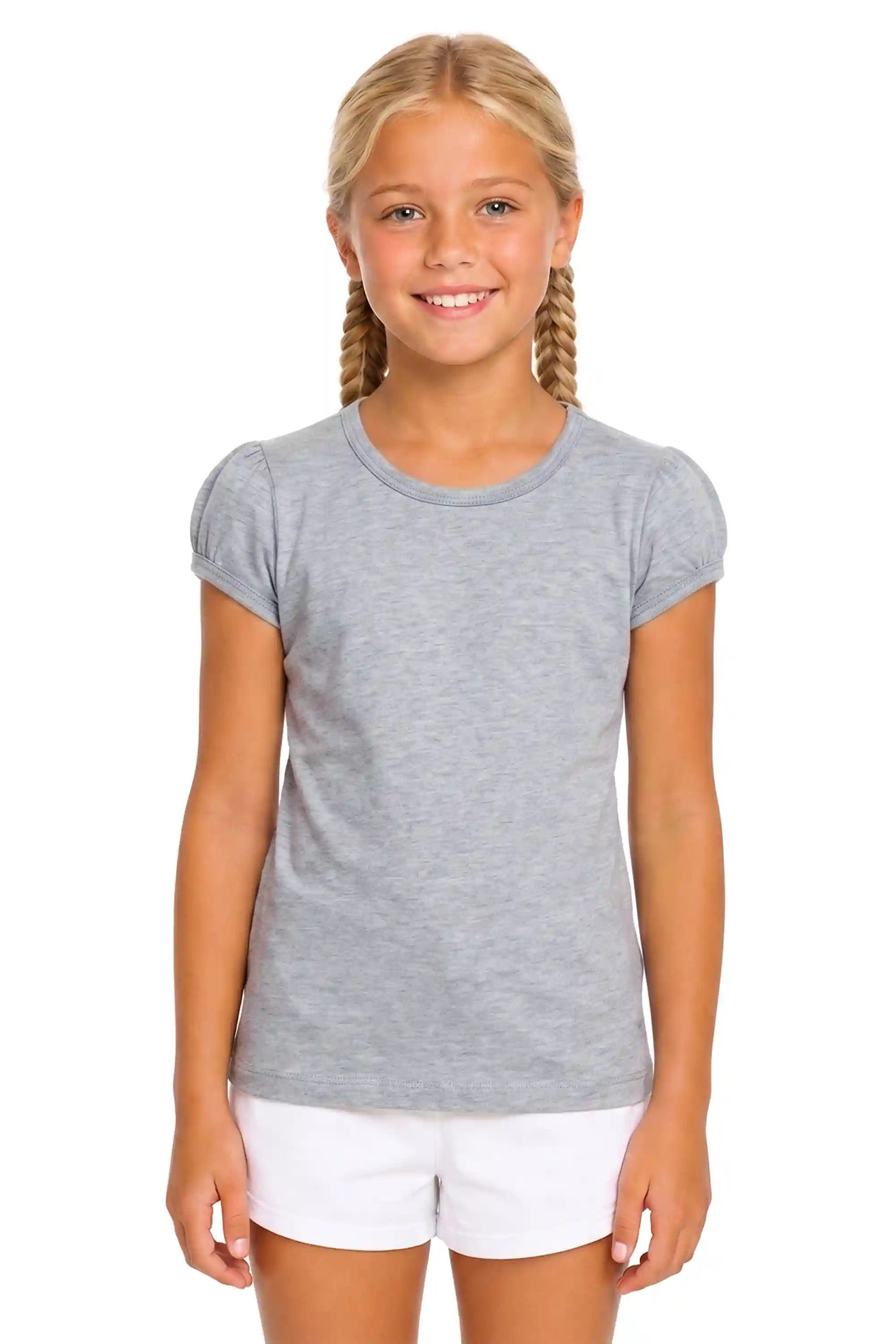 Girls' Basic Short Puff Sleeve Round Neck Cotton T-Shirt