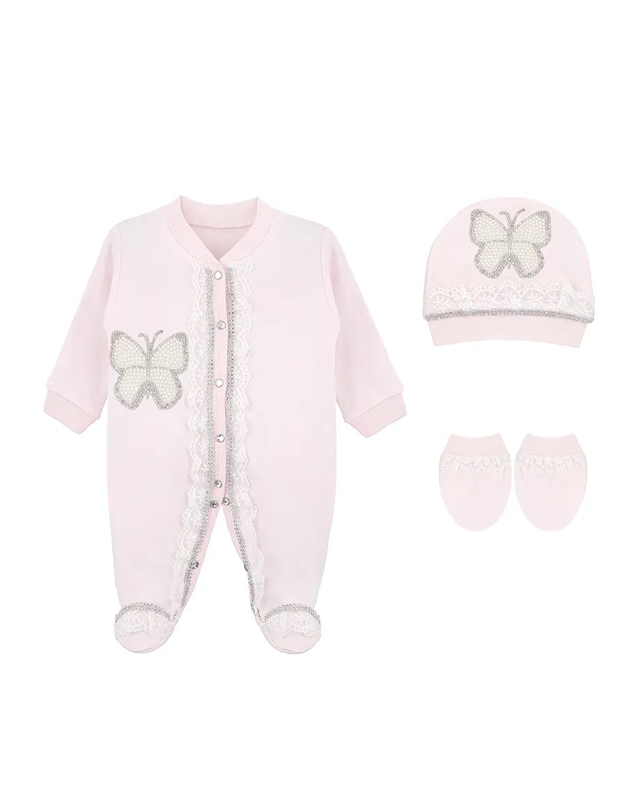 Newborn Baby 3-Piece Cotton Jeweled Layette Set