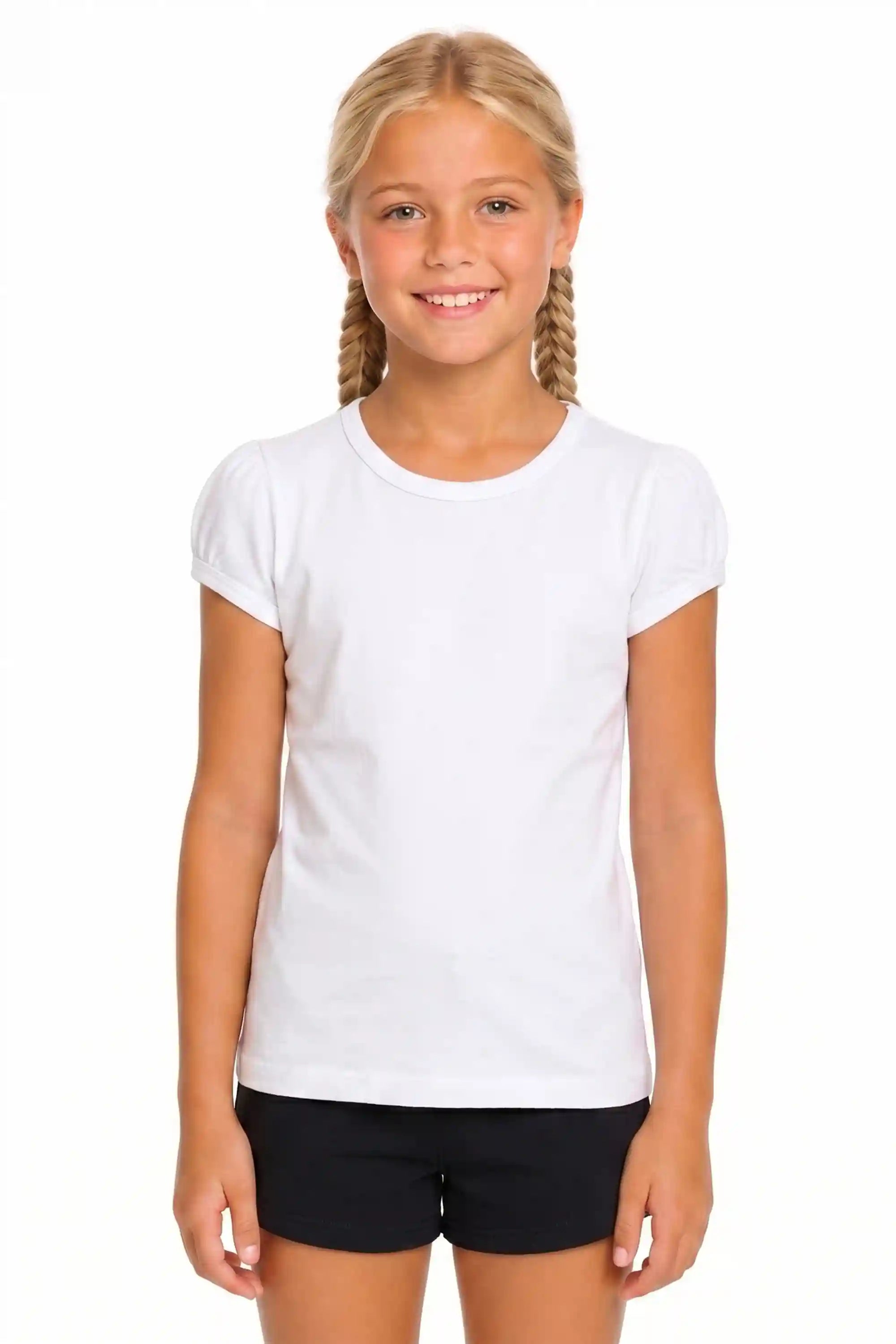 Girls' Basic Short Puff Sleeve Round Neck Cotton T-Shirt