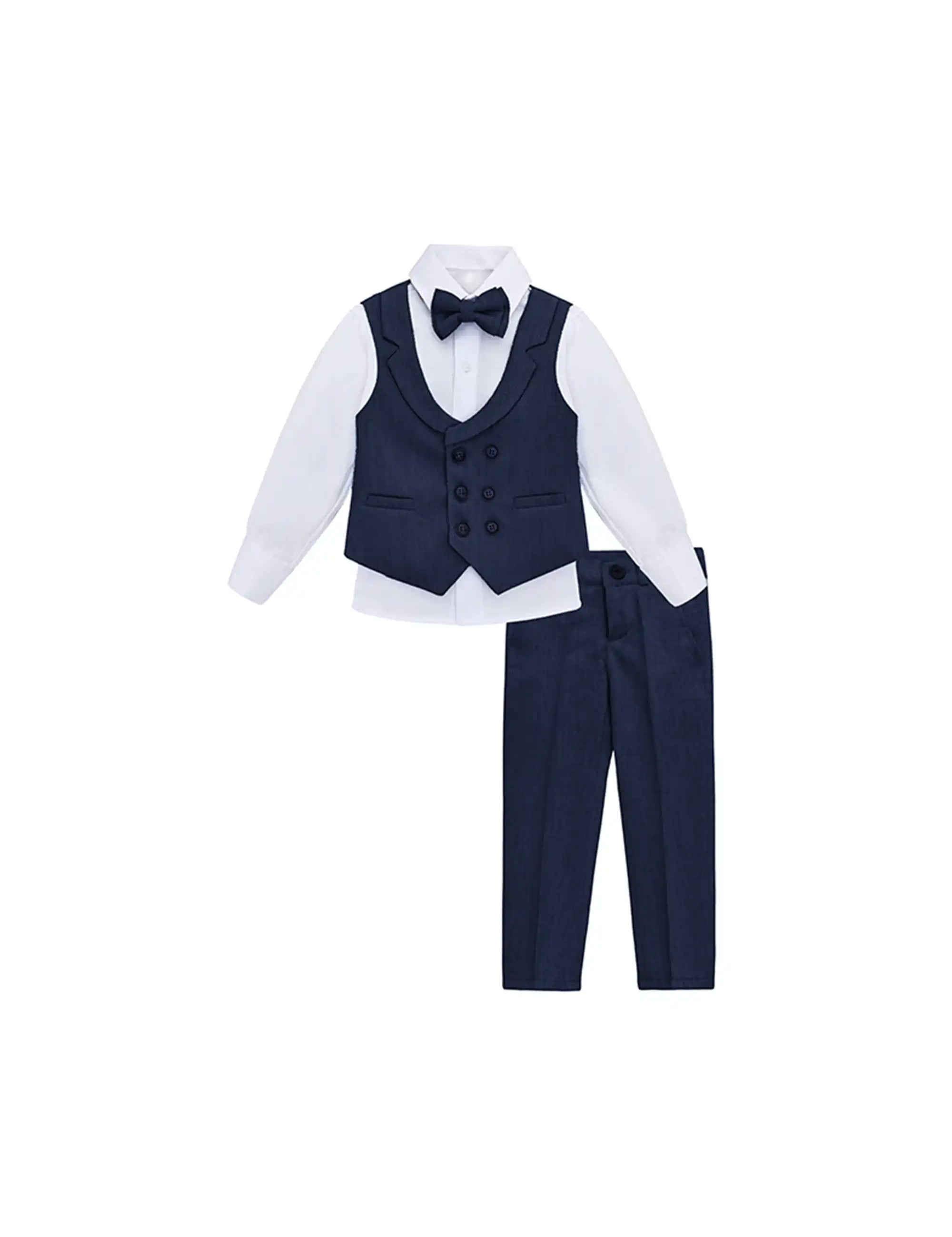 Boys Suit Set Slim Fit Vest, White Dress Shirt, Dress Pants and Bowtie 4 Piece Formal Suit Set