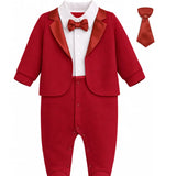Baby Boy Tuxedo Romper Suit | Bow Tie & Necktie | 100% Cotton Footed Coverall