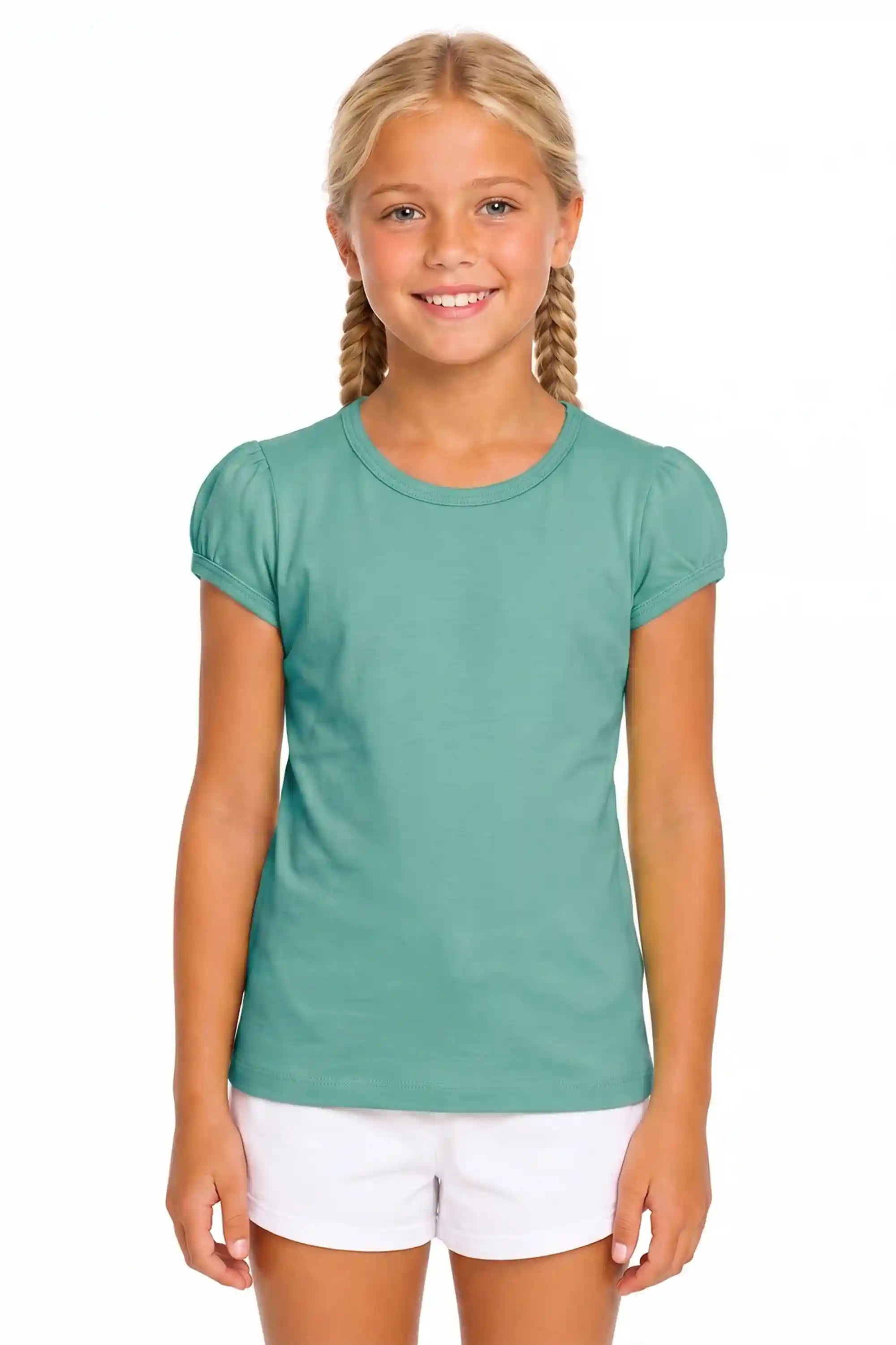 Girls' Basic Short Puff Sleeve Round Neck Cotton T-Shirt