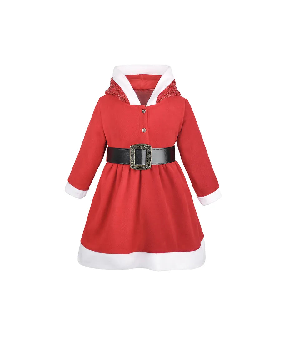 Girls Christmas Santa Sparkle Hood Red Dress