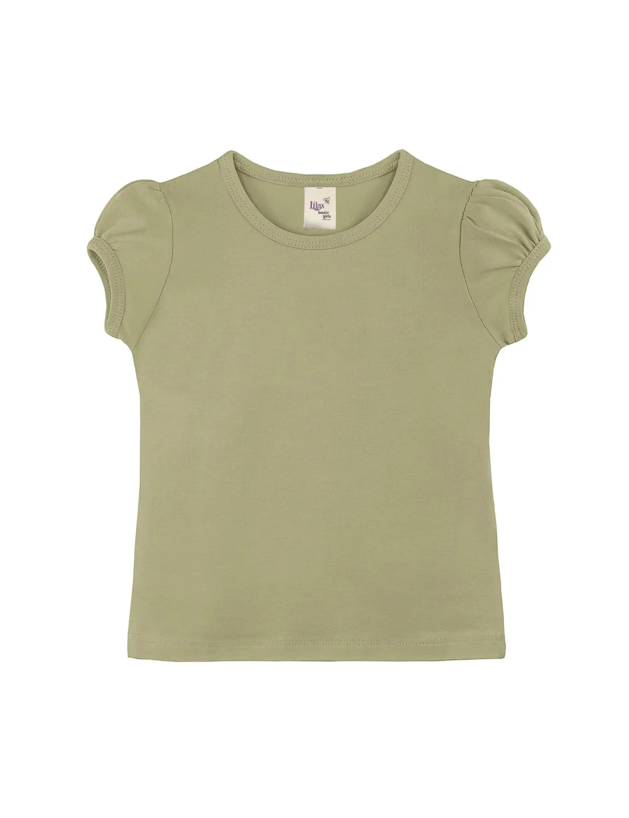 Girls' Basic Short Puff Sleeve Round Neck Cotton T-Shirt
