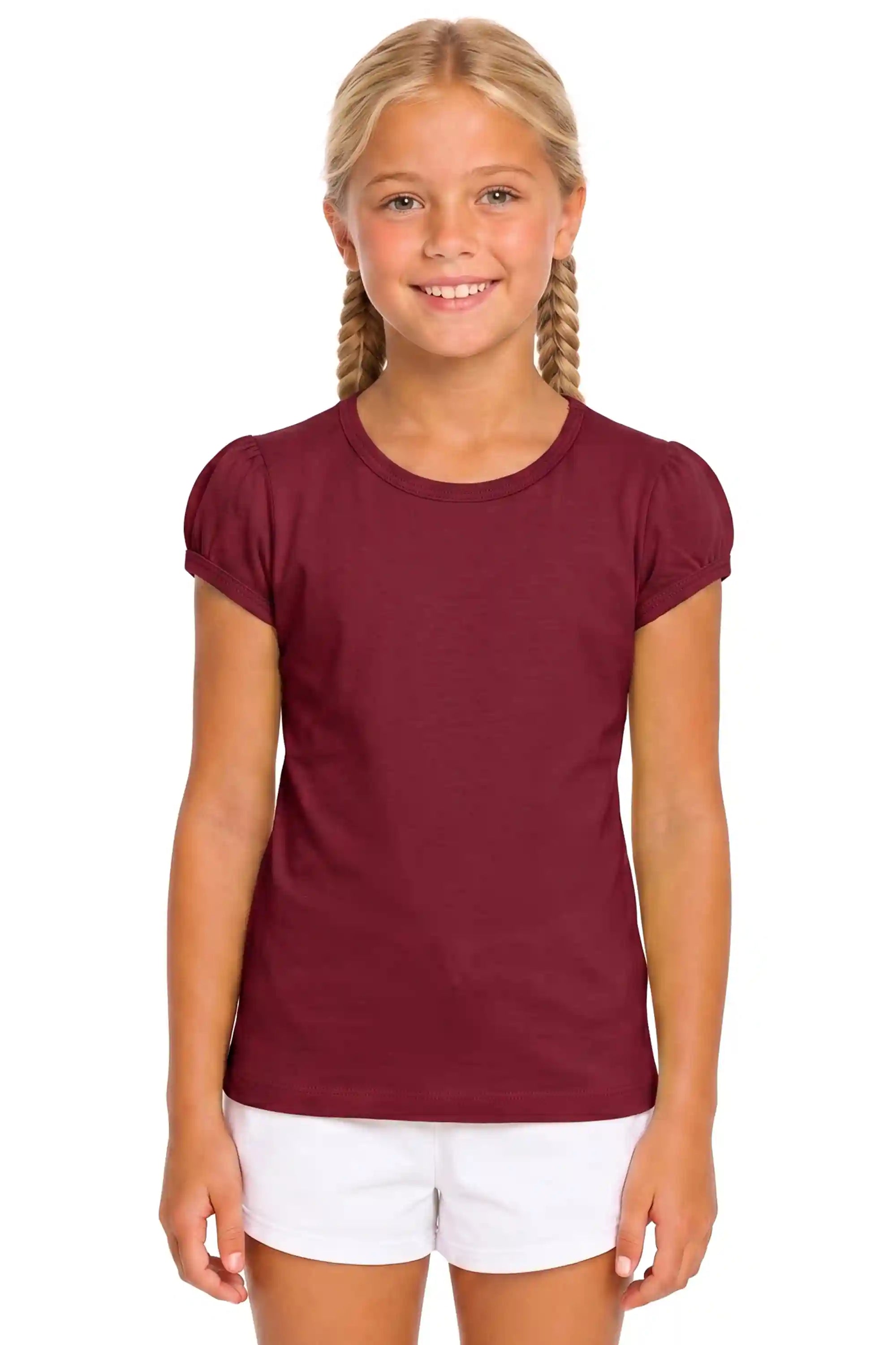 Girls' Basic Short Puff Sleeve Round Neck Cotton T-Shirt