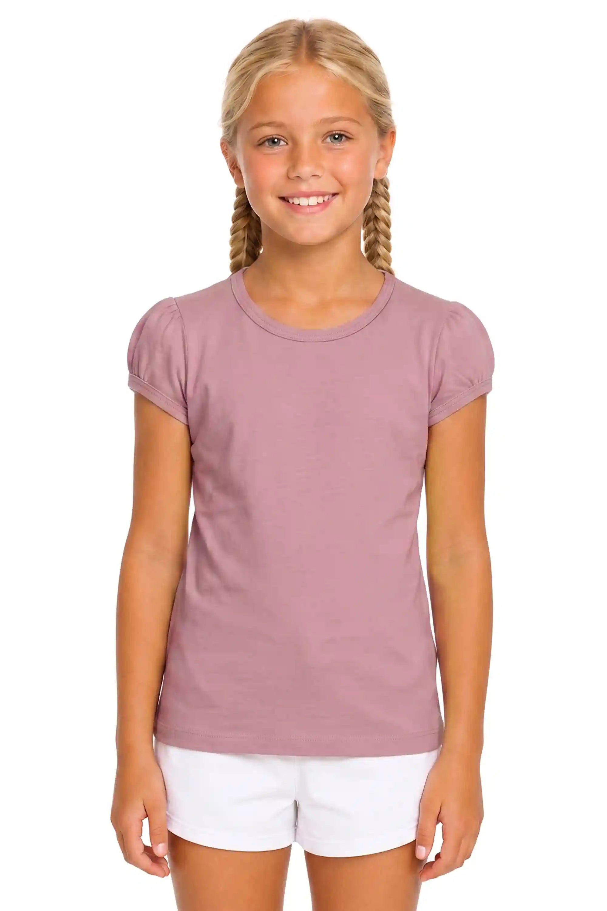 Girls' Basic Short Puff Sleeve Round Neck Cotton T-Shirt