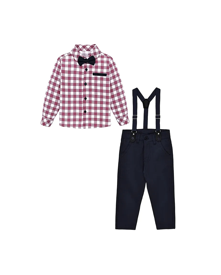 Boys Cotton Plaid Suspender Pant Set