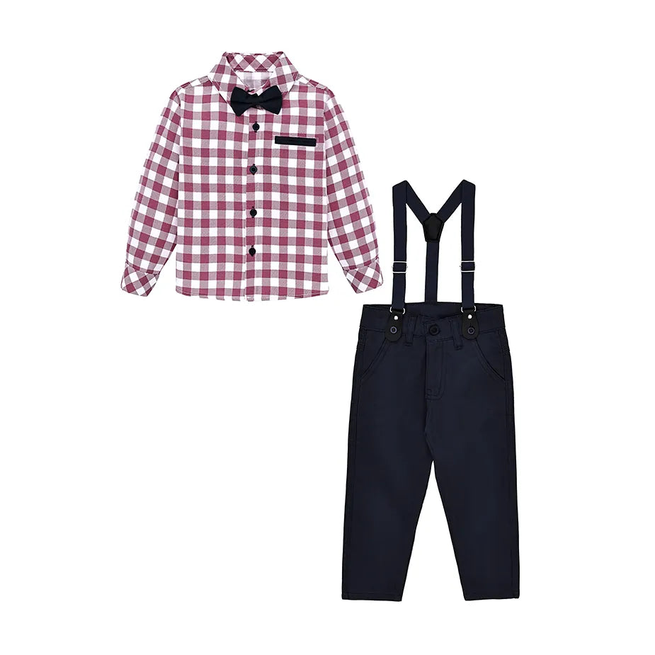 Boys Cotton Plaid Suspender Pant Set