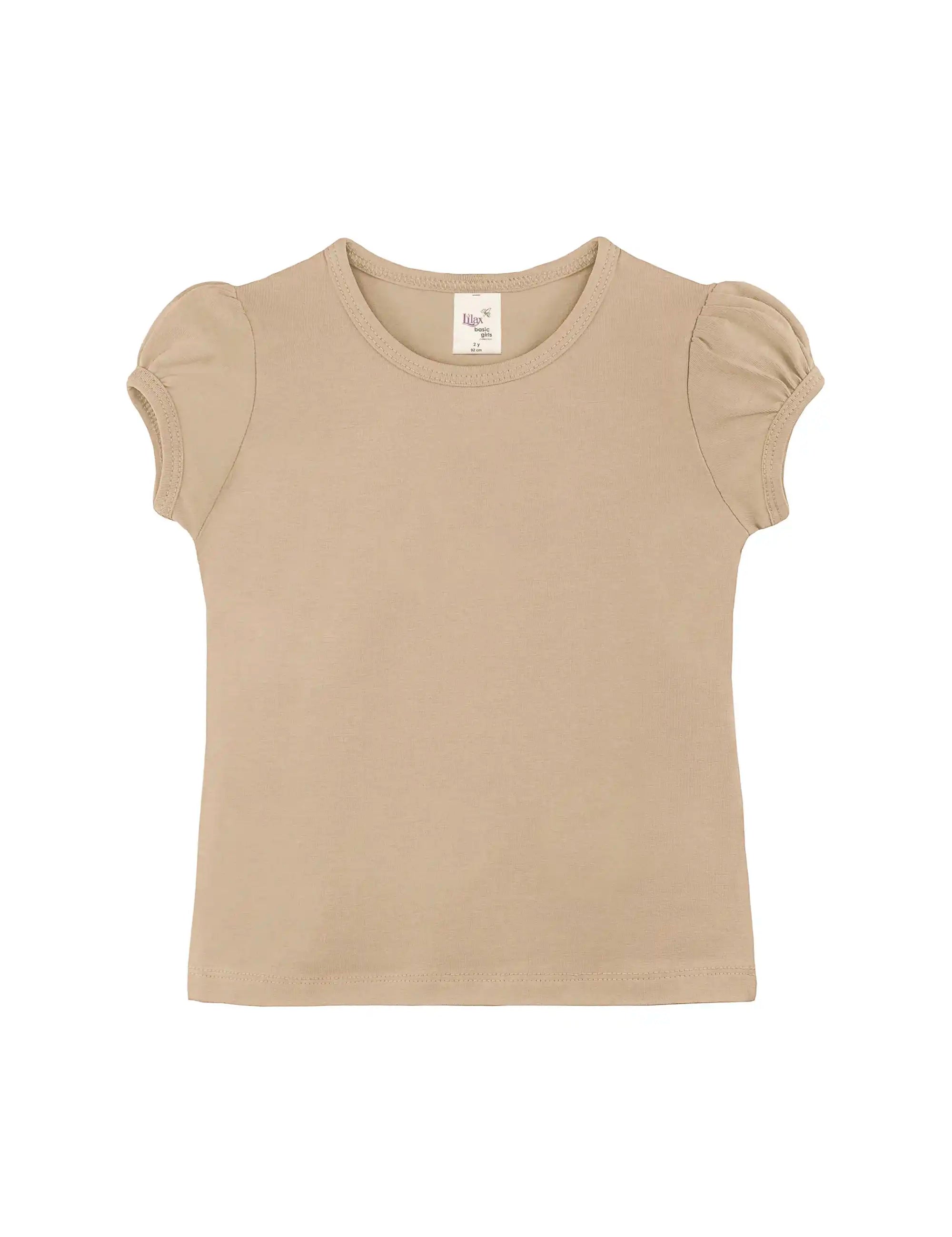 Girls' Basic Short Puff Sleeve Round Neck Cotton T-Shirt