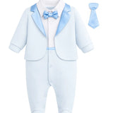 Baby Boy Tuxedo Romper Suit | Bow Tie & Necktie | 100% Cotton Footed Coverall