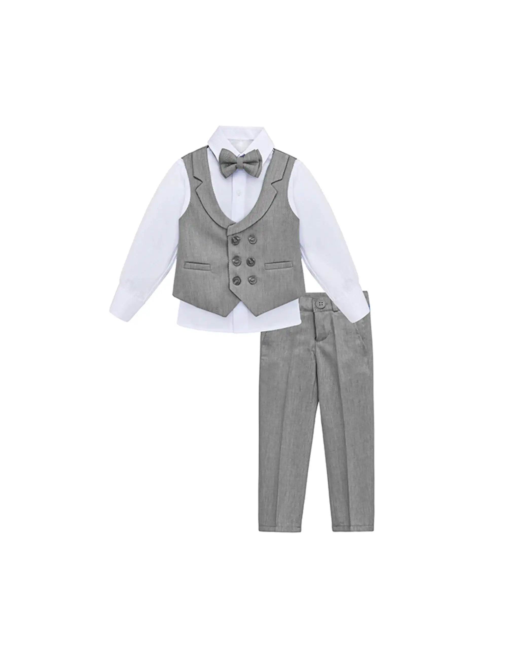 Boys Suit Set Slim Fit Vest, White Dress Shirt, Dress Pants and Bowtie 4 Piece Formal Suit Set