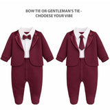 Baby Boy Tuxedo Romper Suit | Bow Tie & Necktie | 100% Cotton Footed Coverall
