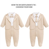Baby Boy Tuxedo Romper Suit | Bow Tie & Necktie | 100% Cotton Footed Coverall