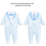 Baby Boy Tuxedo Romper Suit | Bow Tie & Necktie | 100% Cotton Footed Coverall