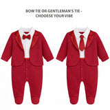 Baby Boy Tuxedo Romper Suit | Bow Tie & Necktie | 100% Cotton Footed Coverall