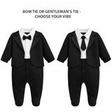 Baby Boy Tuxedo Romper Suit | Bow Tie & Necktie | 100% Cotton Footed Coverall