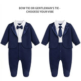 Baby Boy Tuxedo Romper Suit | Bow Tie & Necktie | 100% Cotton Footed Coverall