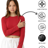Lilax Girls' Long Sleeve Crop Top – Soft Cotton, 4-Way Stretch, Breathable Everyday Tee