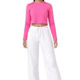 Lilax Girls' Long Sleeve Crop Top – Soft Cotton, 4-Way Stretch, Breathable Everyday Tee