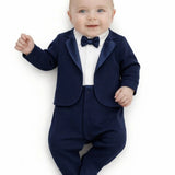 Baby Boy Tuxedo Romper Suit | Bow Tie & Necktie | 100% Cotton Footed Coverall