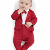 Baby Boy Tuxedo Romper Suit | Bow Tie & Necktie | 100% Cotton Footed Coverall