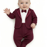 Baby Boy Tuxedo Romper Suit | Bow Tie & Necktie | 100% Cotton Footed Coverall