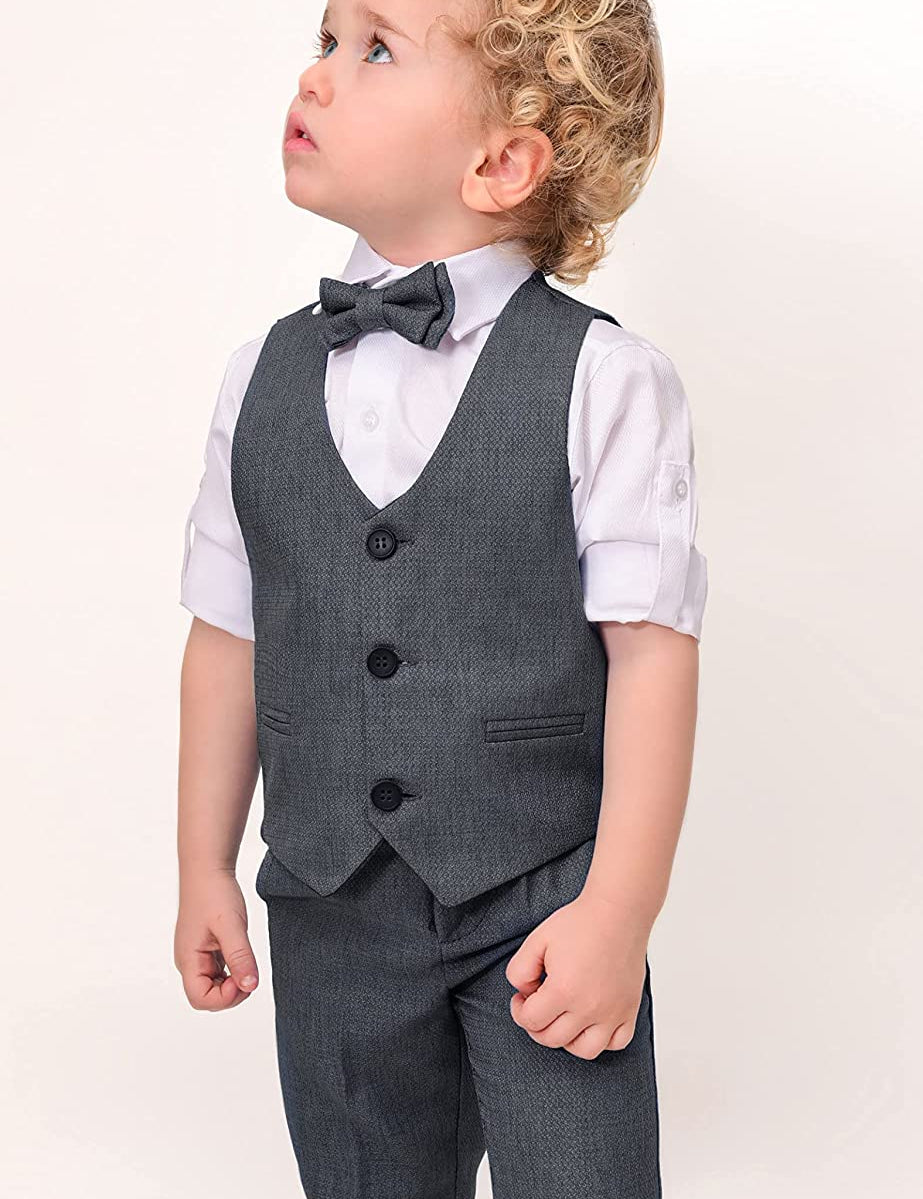 Boys 4 piece tuxedo suit with shirt, pants, vest and bow tie; perfect for baby boy clothes & christmas gift ideas  
