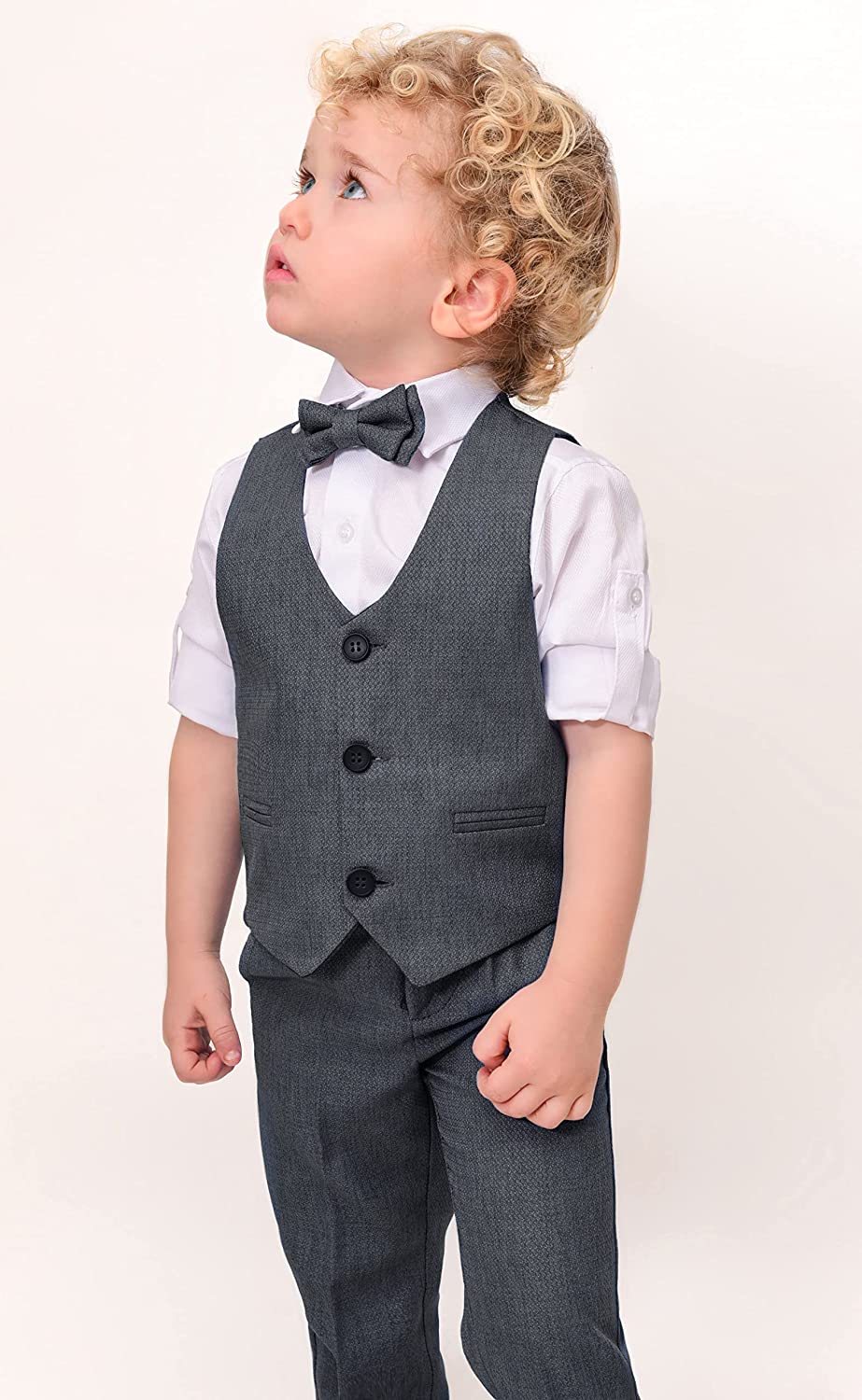 Boys 4 piece tuxedo suit with shirt, pants, vest and bow tie; perfect for baby boy clothes & christmas gift ideas  