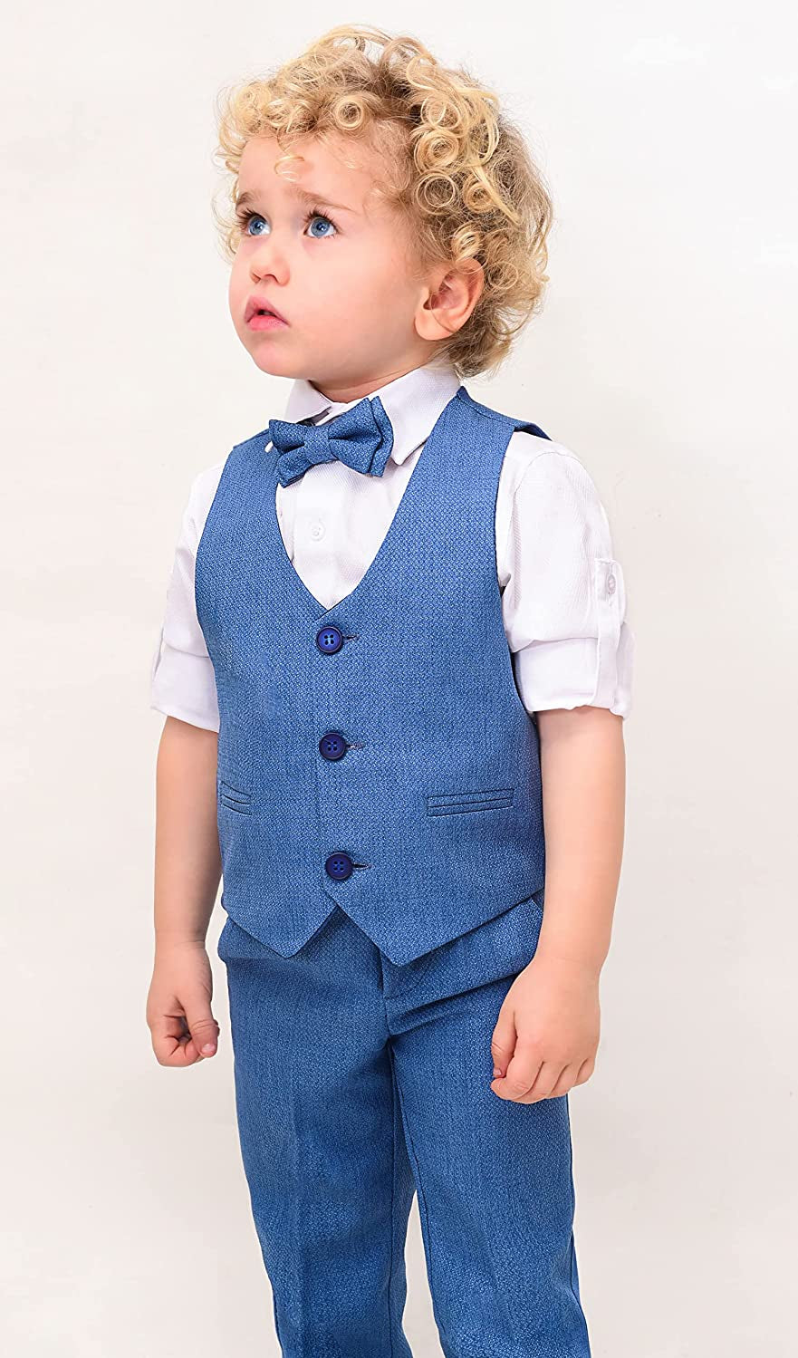 Boys 4 piece tuxedo suit with shirt, pants, vest and bow tie; perfect for baby boy clothes & christmas gift ideas  