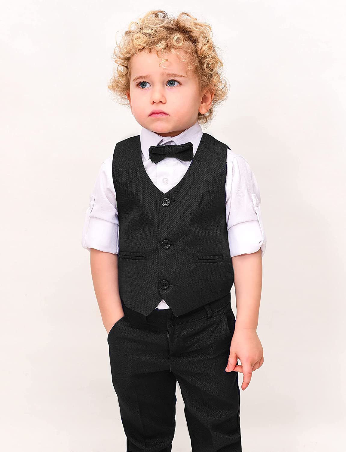 Boys 4 piece tuxedo suit with shirt, pants, vest and bow tie; perfect for baby boy clothes & christmas gift ideas  