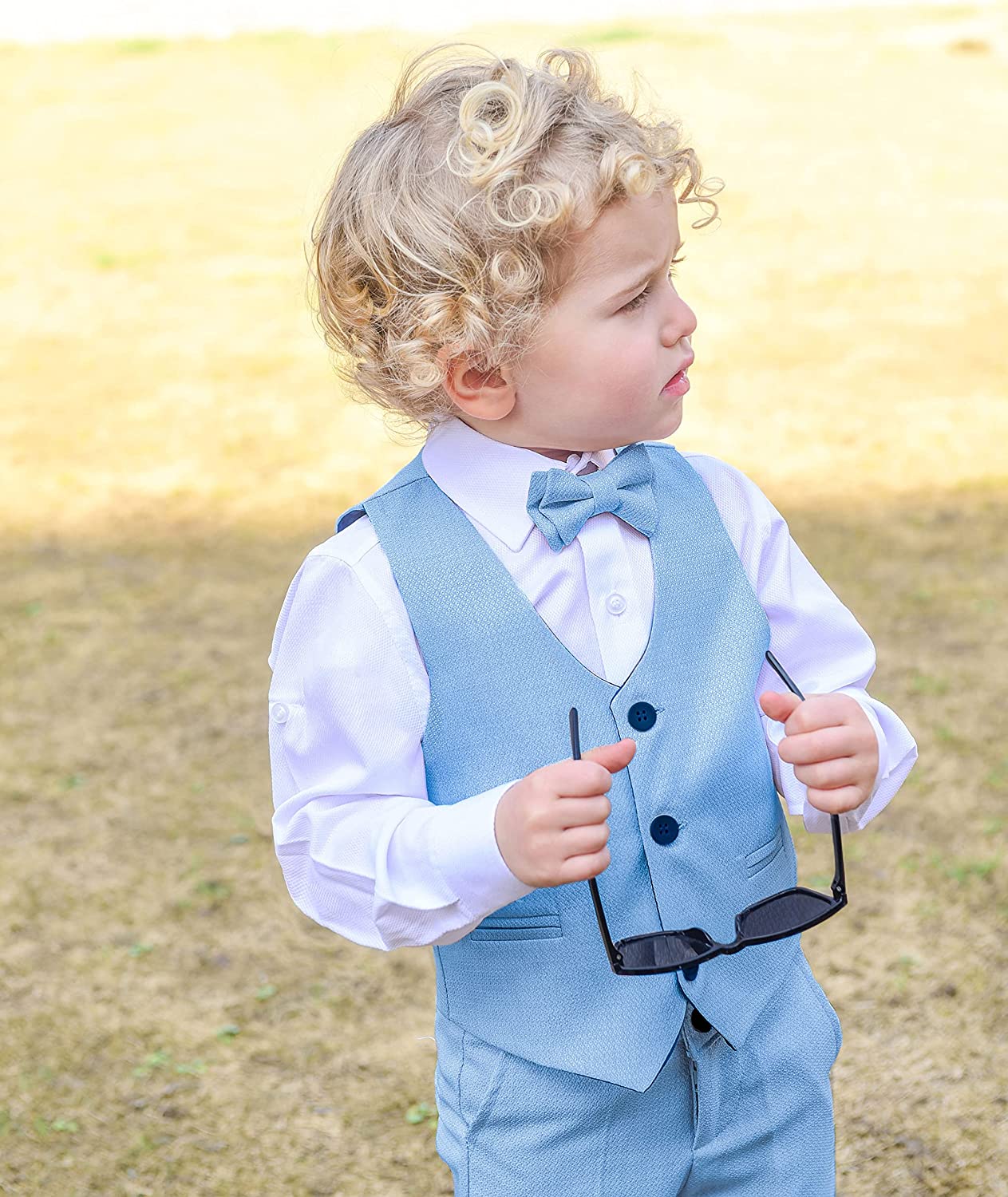 Boys 4 piece tuxedo suit with shirt, pants, vest and bow tie; perfect for baby boy clothes & christmas gift ideas  